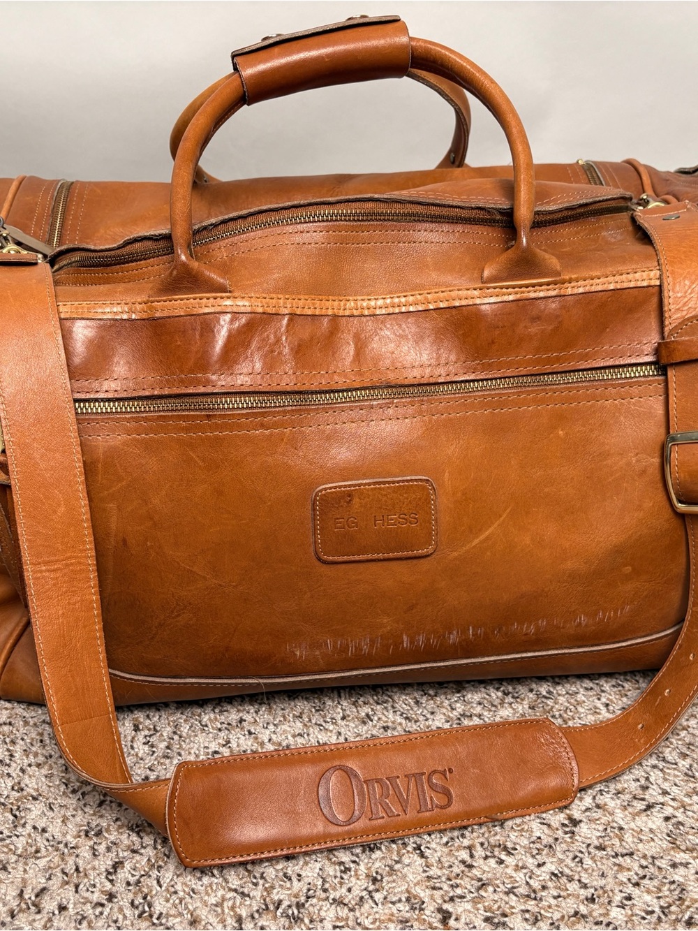 Orvis Leather Duffel Bag in Cognac Brown